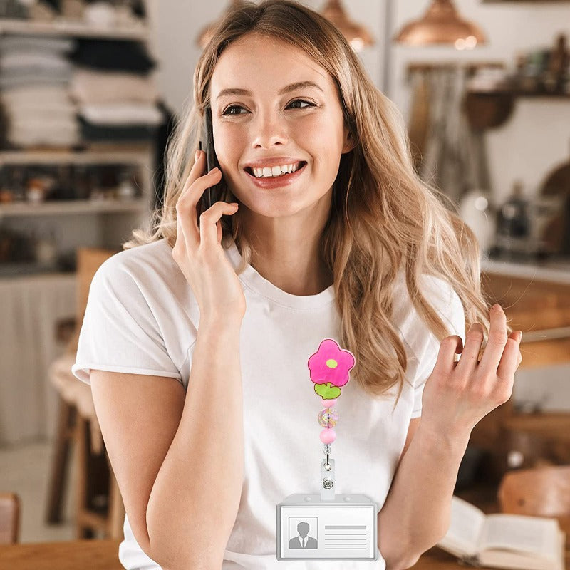 Wholesale Acrylic Flower Beaded Retractable Badge Scroll Keychain